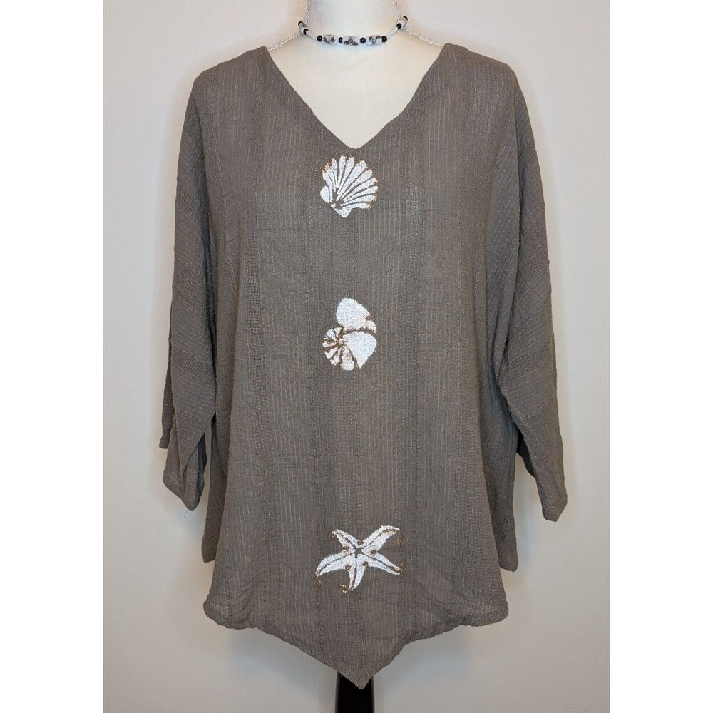 Vintage Coastal Glitzy Seashell Tunic Top Taupe 2X